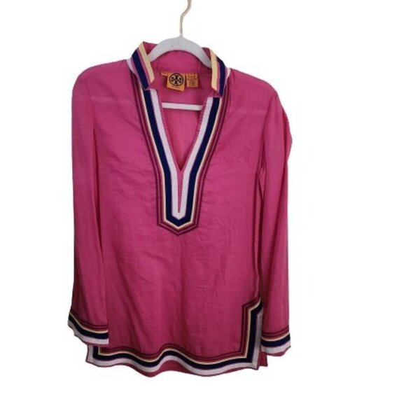 Tory Burch Pink Cotton Tunic Ribbon Striped Hems Size 2 - Picture 1 of 5